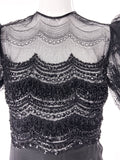 Galanos Black Evening Mini Dress with Lace Sleeves and Bead Details