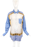 Comme des Garcons Blue White & Gold Lame Mosaic Patchwork Shirt
