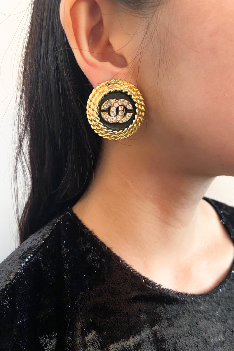 Chanel Button Black & Gold Basketweave & Rhinestone Logo Earrings –  PauméLosAngeles