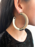 Armani Tan & White Leather Hoop Earrings with Silver-Tone Hardware