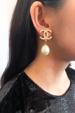 Chanel Gold Big 'CC' Logo Pearl Drop Earrings
