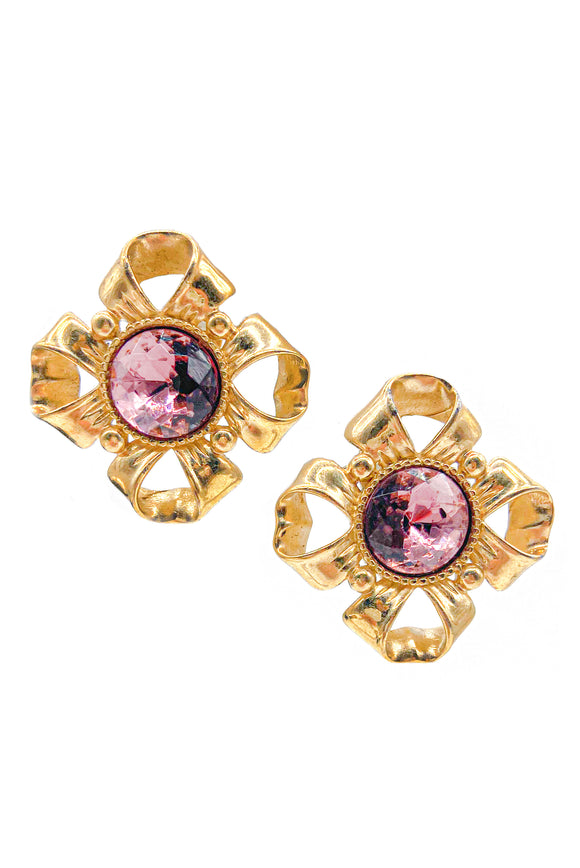 Givenchy Gold Bow Clover Earring with an Amethyst Crystal - BOUTIQUE PURCHASE PRICE