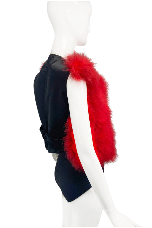 Sonia Rykiel Red Marabou Feather Black Satin Vest Jacket