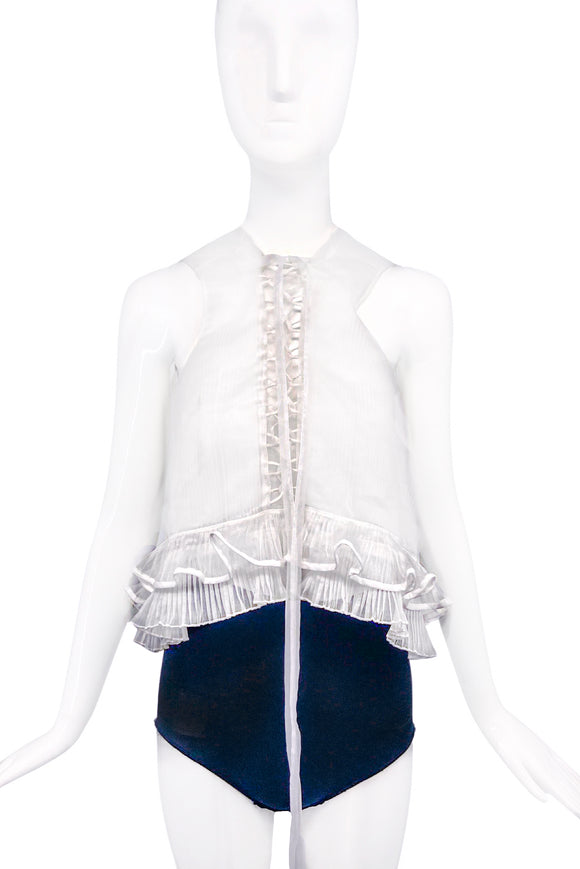 Isabel Marant White Pleat Chiffon Top with Ruffle Details and Lace Up Front