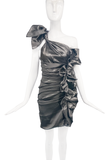 Isabel Marant Silver Satin Stretch Ruffled Ruched One Shoulder Dress