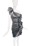 Isabel Marant Silver Satin Stretch Ruffled Ruched One Shoulder Dress