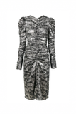 Isabel Marant Silver Metallic Ruched Puff Sleeve Dress with Textured Print