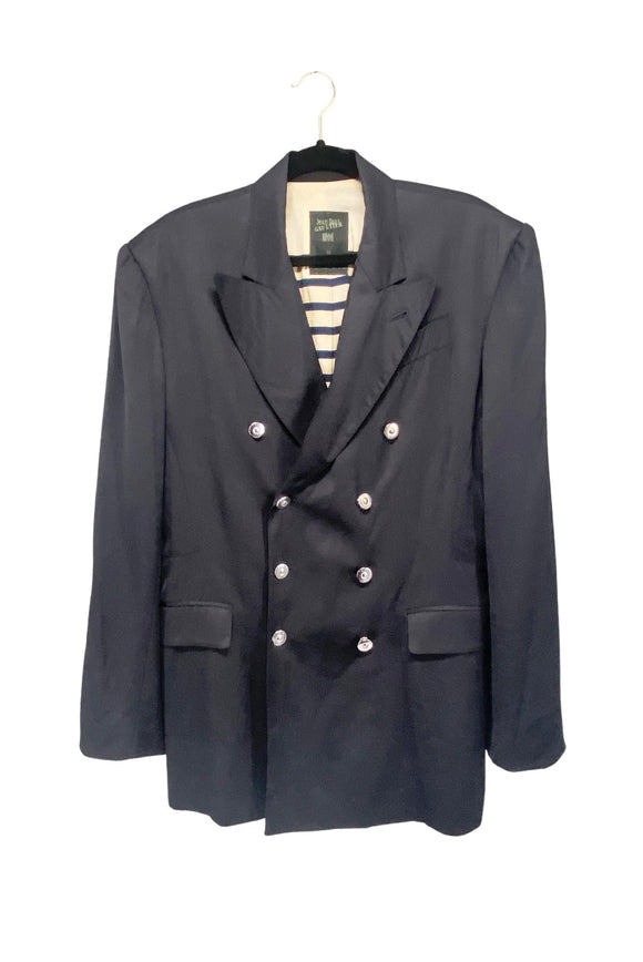 Jean Paul Gaultier Navy Double Breasted Silver Button Striped Lining Blazer Jacket