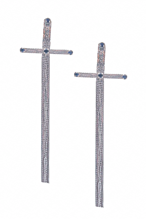 Jean Paul Gaultier Silver Chain Large Cross Earrings with Black Crystal Details