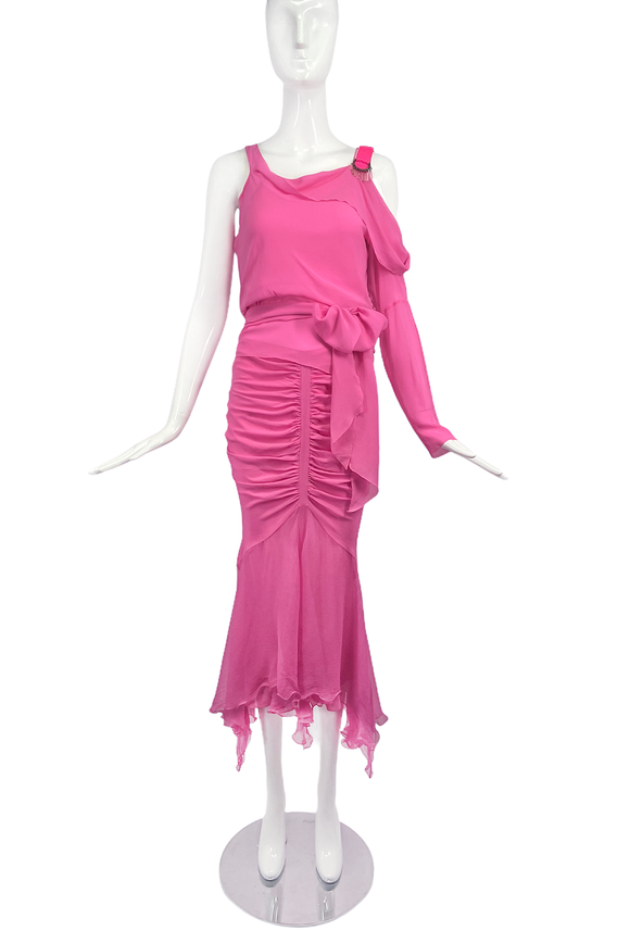 John Galliano Pink Chiffon Off Shoulder One Sleeve Top Ruched Flare Skirt Dress
