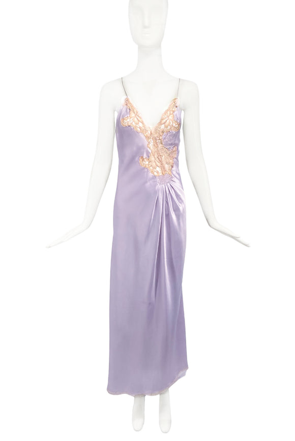 Christian Dior Lavender Purple Vintage Galliano Style Slip Dress Side Ruching with Lace Details