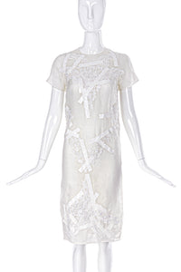 Christopher Kane White Organza Dress with Lace Appliqués and Latex Tape Strips