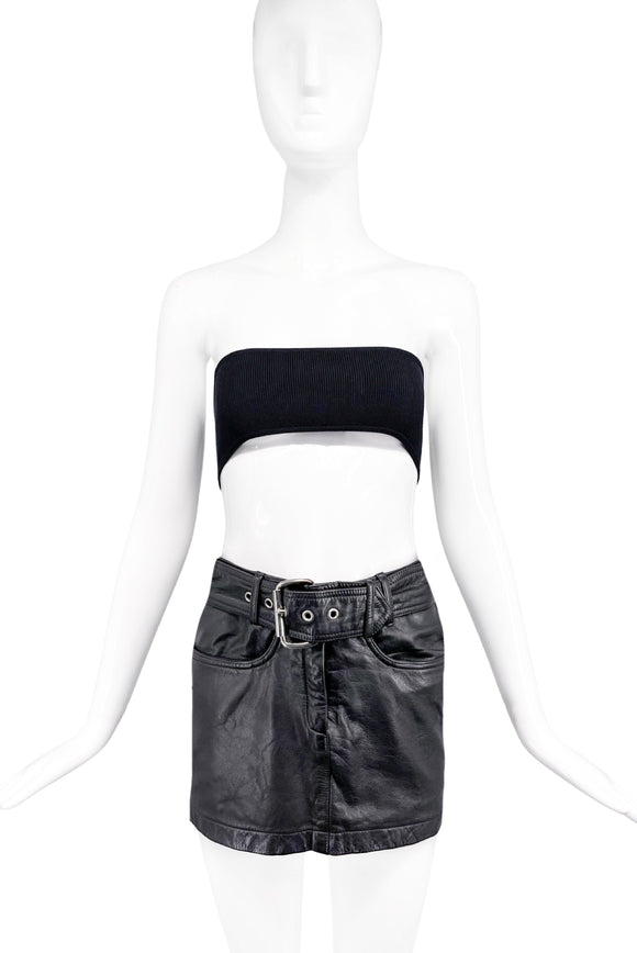 Katherine Hamnett Black Leather Mini Skirt with Belt Detail