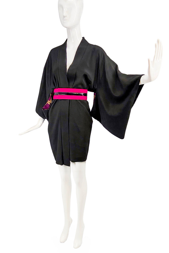 Vintage Black Silk Kimono Alexander McQueen Pink Satin Black Patent Leather Belt Spring 2008