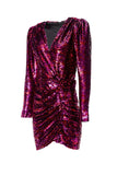 Kooples Magenta Pink Sequin Ruched V Neck Long Sleeve Dress