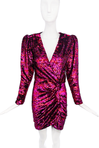 Kooples Magenta Pink Sequin Ruched V Neck Long Sleeve Dress