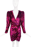Kooples Magenta Pink Sequin Ruched V Neck Long Sleeve Dress