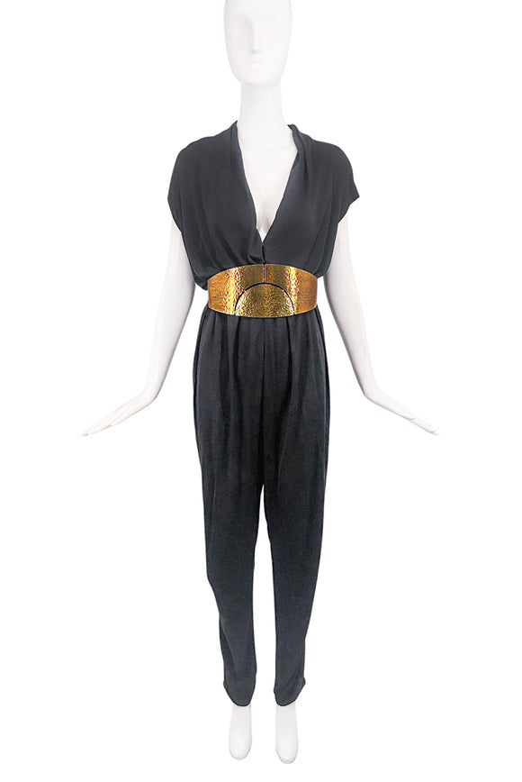 Lanvin Black Silk Jersey Draped Jumpsuit with Gold Oracle Wide Belt