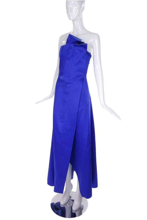 Lanvin Blue Satin Origami Pleated Bustier Gown Dress FW2018