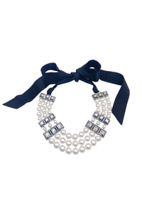 Lanvin Three Strand Pearl Necklace with Gunmetal and Crystal Details