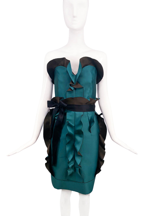 Lanvin Emerald Green Black Ruffle Bustier Dress by Alber Elbaz 10th Anniversary Collection 2012