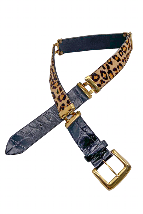 Vintage Black Patent Croc with Leopard Pony Hair and Gold Hardware Belt