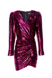 Kooples Magenta Pink Sequin Ruched V Neck Long Sleeve Dress