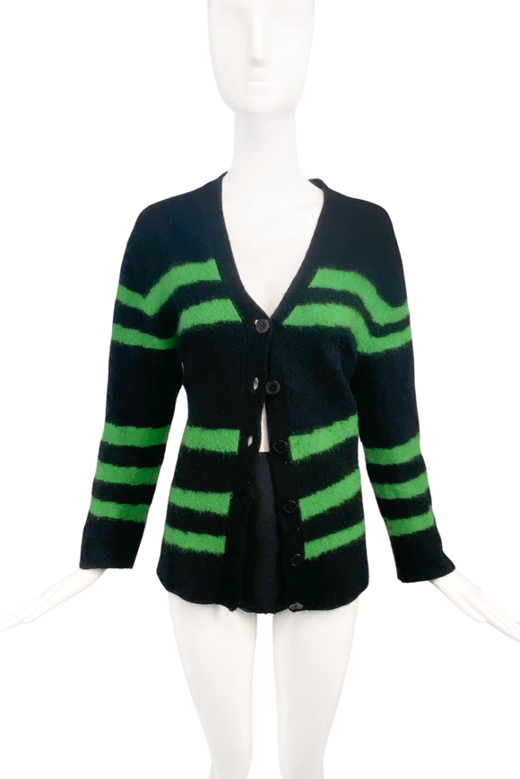 Marc Jacobs Black Neon Green Striped Wool Knit Grunge Cardigan