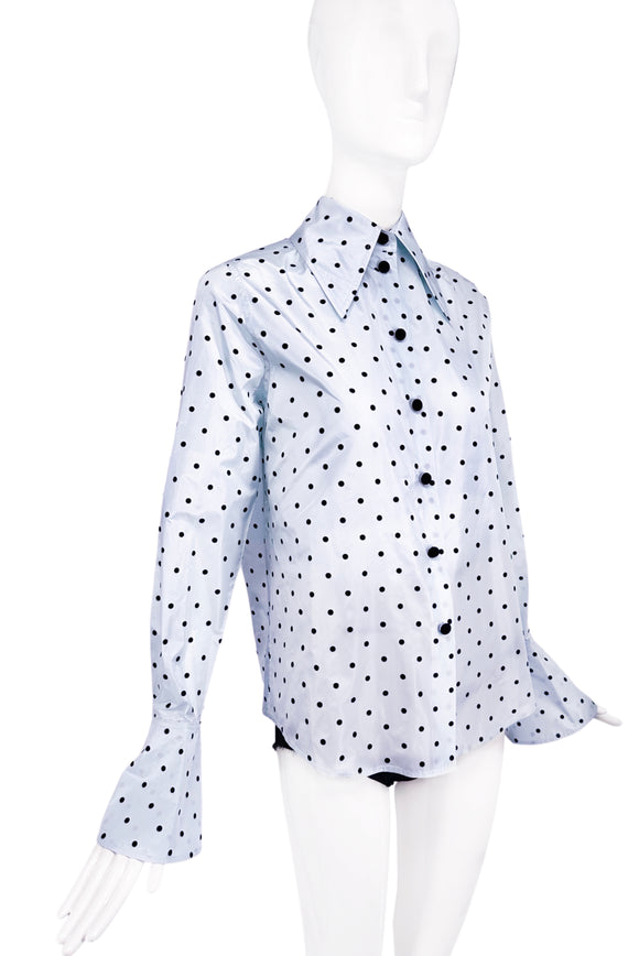 Marc Jacobs Blue & Black Polka Dot Oversize 1970's Collar with Flare Sleeve Detail Shirt
