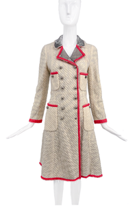 Marc Jacobs Creme Textured Military Coat with Red Piping and Sequin Collar