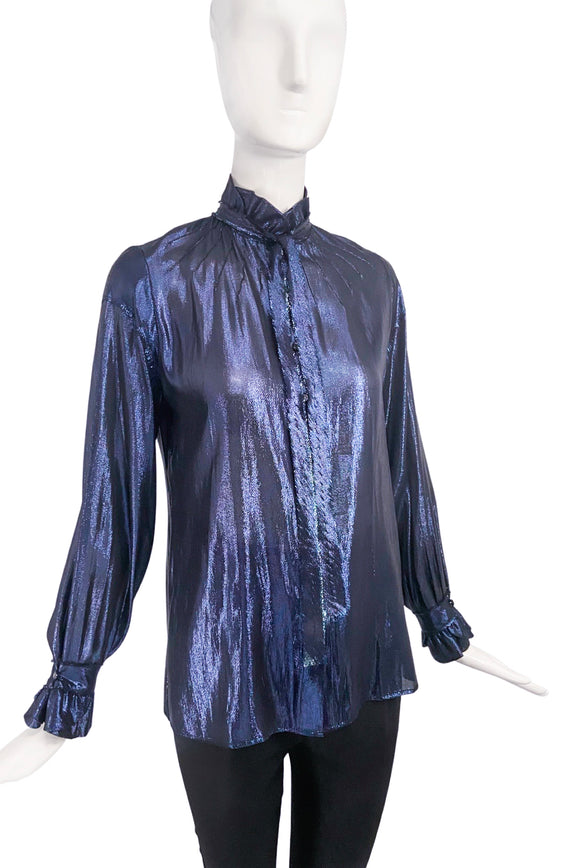 Marc Jacobs Navy Blue Metallic Lurex Blouse with Ruffles and Bow