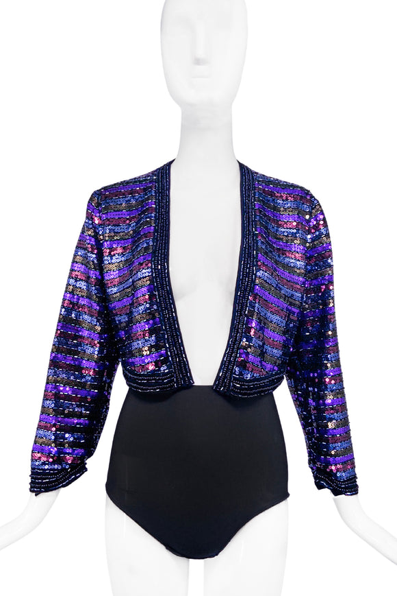 Marc Jacobs Purple and Blue Sequin Crop Evening Jacket with Beaded Embellishment