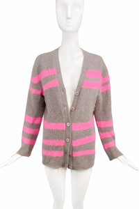 Marc Jacobs Taupe Brown Hot Neon Pink Striped Wool Knit Grunge Kurt Cobain Cardigan