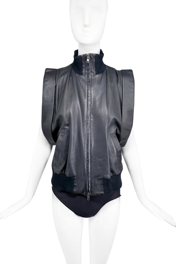 Maison Martin Margiela Black Leather Vest with Exaggerated Shoulder Detail