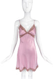 Vintage Mauve Pink Silk Slip Dress with Mocha Lace Trim