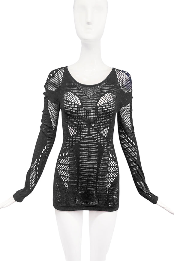 McQ Alexander McQueen Black Fishnet Mesh Crochet Bodycon Mini Dress