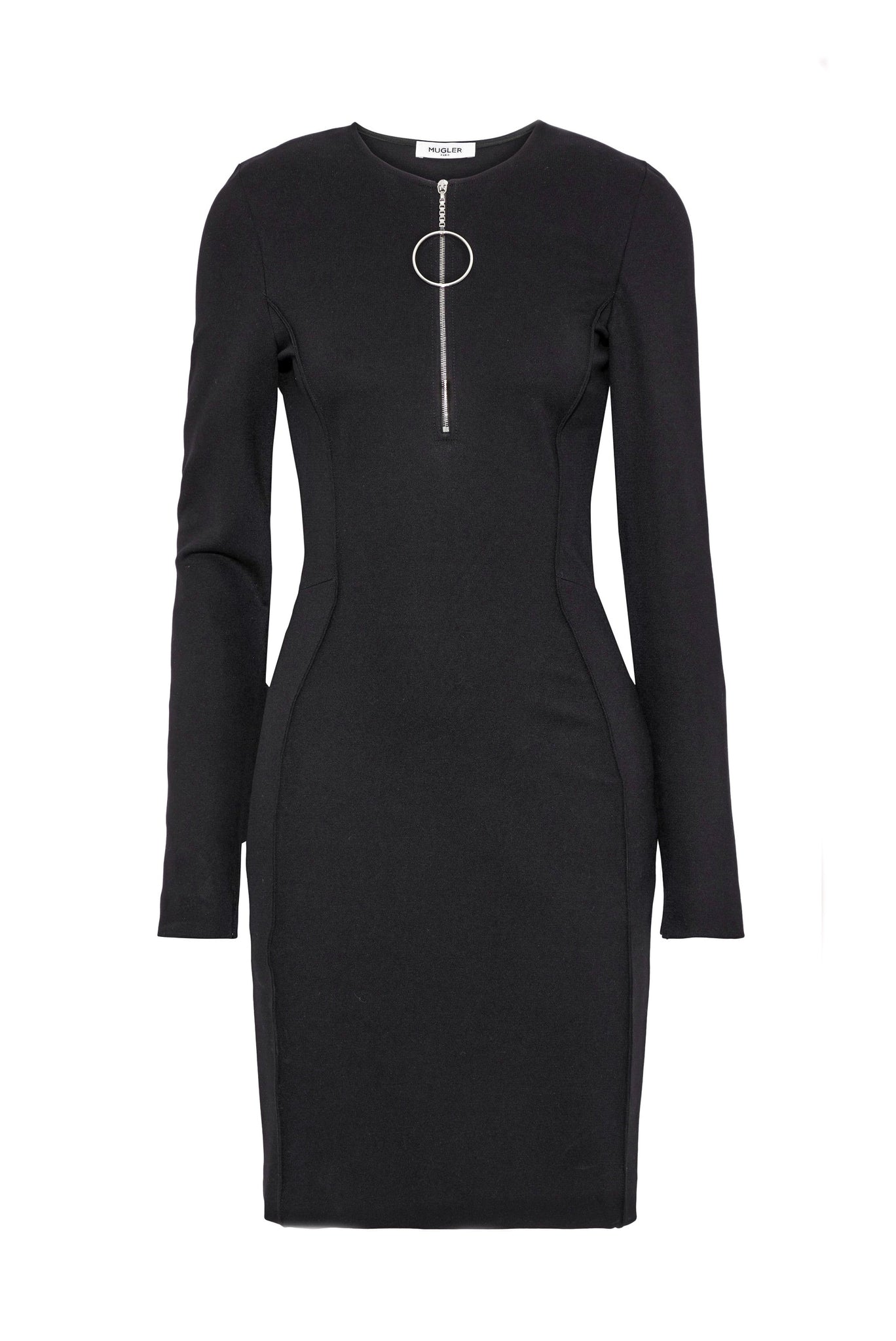 Mugler Black Jersey Bodycon Dress with Round Zipper Detail