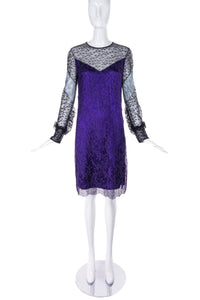 Nina Ricci Multi-Pattern Floral Lace Black Dress with Purple Slip and Pale Blue Inlay