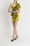 Alexandre Vauthier Lime Green Gold Sequin One Shoulder Ruffle Dress