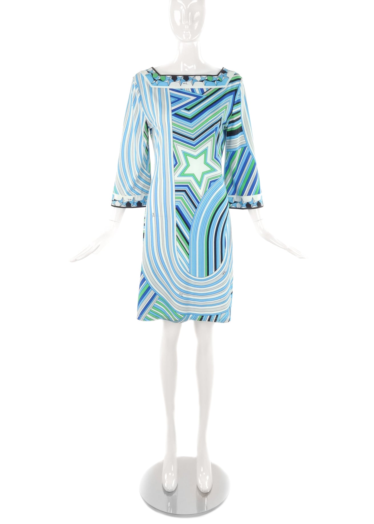 Emilio Pucci Green and Blue Classic Print Midi Shift Dress with Star S PaumLosAngeles Emilio Pucci Green and Blue Classic Print Midi Shift Dress with Star S PaumLosAngeles