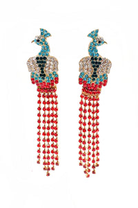 Vintage Rainbow Colored Crystal Peacock Earrings in the Style of Van Cleef & Arpel