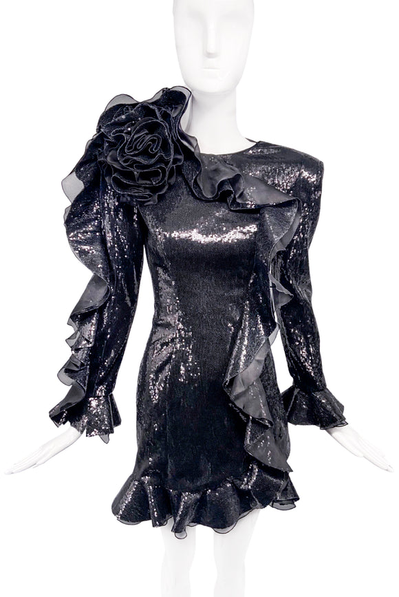 Dundas Black Sequin Chiffon Ruffle Flower Power Shoulder Cocktail Dress