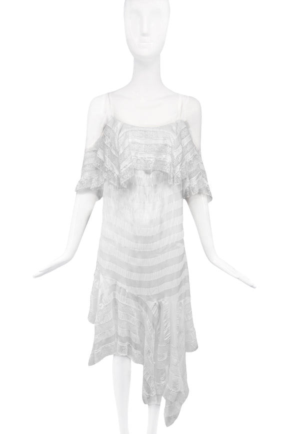 Philosophy di Lorenzo Serafini White Satin and Lace Drop Waist Slip Dress with Off-Shoulder Sleeves