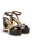 Salvatore Ferragamo "Lady Gaga" Black White Gray Patchwork Snake Gold Disco Platforms