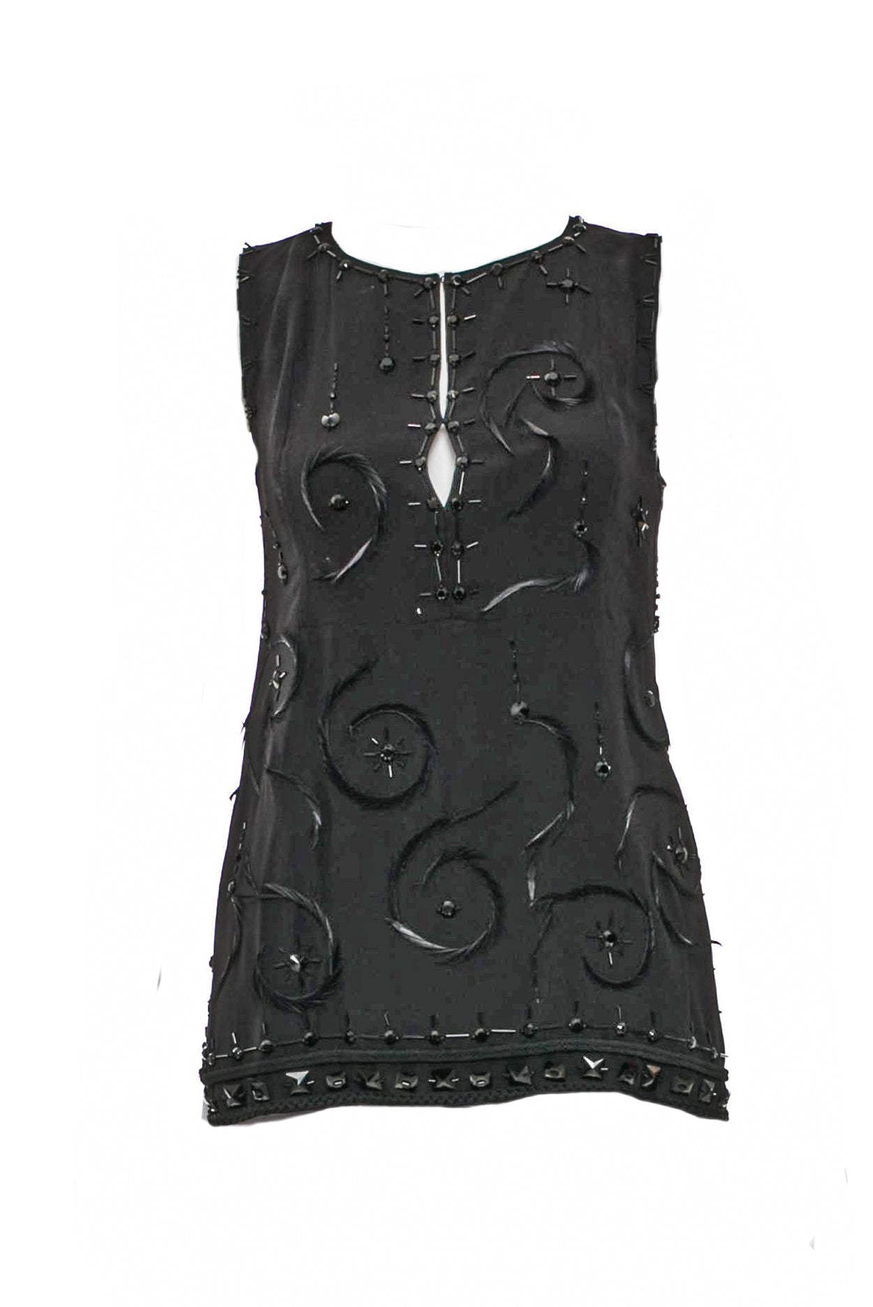 Prada Black Chiffon Tank Top with Beads and Feathers - BOUTIQUE