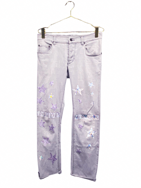 Prada Grey Denim Pants with Iridescent Sparkle Star and Logo Details