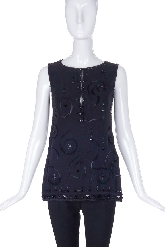 Prada Black Chiffon Tank Top with Beads and Feathers - BOUTIQUE PURCHASE PRICE