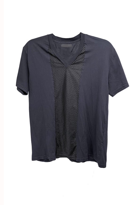 Prada Black Navy Blue V-Neck T-Shirt with Basketball Mesh Insert Detail