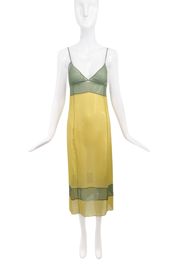Prada Green Yellow Sheer Graphic Chiffon Slip Dress Fall 1996