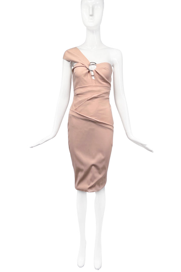 Preen Nude Beige One Shoulder Cut Out Body Con Dress with Silver Ring